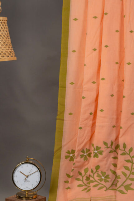 Phulia – Peach Pure Cotton Handloom Jamdani Saree