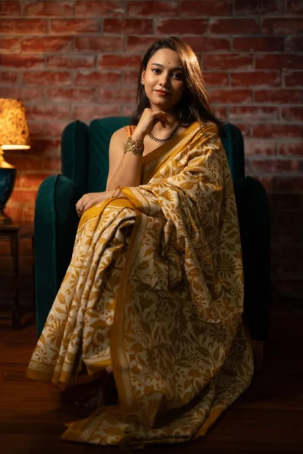 Bolpur – Mustard Yellow Floral Pure Gachi Tussar Reverse Kantha Saree