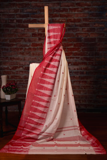 Dhaniakhali – White with Heart Motif Temple Border Pure Cotton Handloom Saree