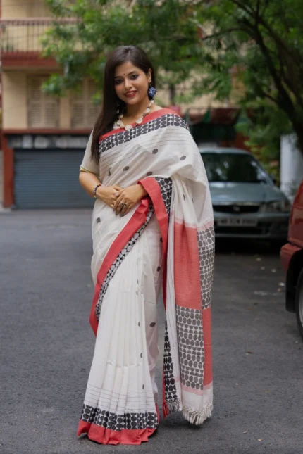 Dhaniakhali – Red and Black Polka Dot Pure Cotton Handloom Saree