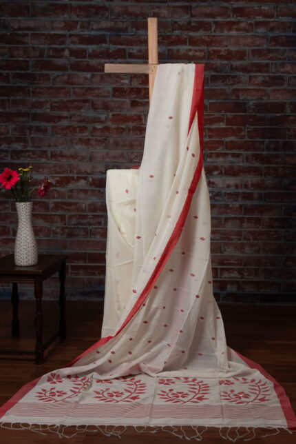 Phulia – Red and White Floral Pure Cotton Handloom Jamdani Saree