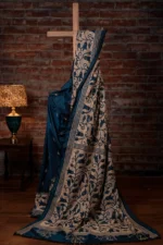 Bolpur – Prussian Blue Floral Blended Silk Collage Kantha Saree - Image 3