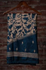 Bolpur – Prussian Blue Floral Blended Silk Collage Kantha Saree - Image 5