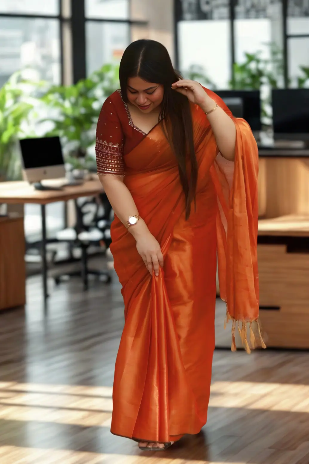 Catalouge (7) Phulia – Handwoven Burnt Orange Raga Tissue Silk Saree - Image 1