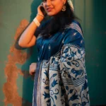 Bolpur – Prussian Blue Floral Blended Silk Collage Kantha Saree