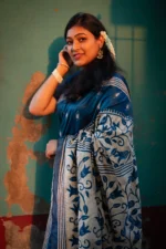 Bolpur – Prussian Blue Floral Blended Silk Collage Kantha Saree