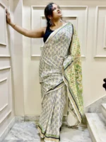 Bolpur – Hand-Stitched White Sunflower Motif Nakshi Kantha Saree