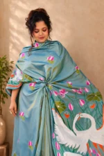 Bolpur – Hand-Stitched Green Swan Motif Nakshi Kantha Saree