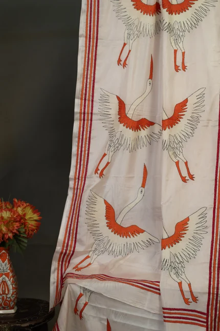 Bolpur – Hand-Stitched Light Pink Stork Motif Nakshi Kantha Saree