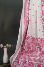 Bolpur – Hand-Stitched White Krishna Flute Motif Nakshi Kantha Saree