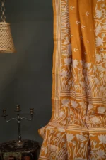 Bolpur – Hand-Stitched Ocher Yellow Lotus Motif Nakshi Kantha Saree - Image 2