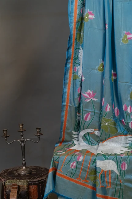 Bolpur – Hand-Stitched Green Swan Motif Nakshi Kantha Saree