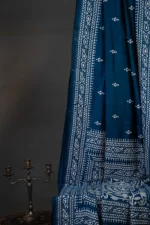 Bolpur – Hand-Stitched Peacock Blue Alpona Nakshi Kantha Saree