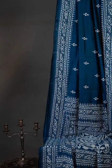 Bolpur – Hand-Stitched Peacock Blue Alpona Nakshi Kantha Saree