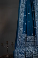 Bolpur – Hand-Stitched Peacock Blue Alpona Nakshi Kantha Saree