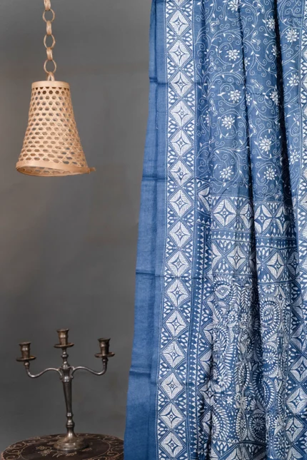 Bolpur – Hand-Stitched Dark Blue Gachi Tussar Nakshi Kantha Saree