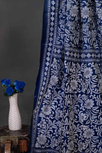 Bolpur – Hand-Stitched Indigo Blue Floral Nakshi Kantha Saree