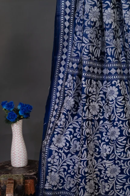 Bolpur – Hand-Stitched Indigo Blue Floral Nakshi Kantha Saree