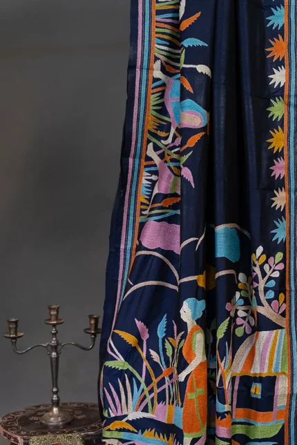 Bolpur – Hand-Stitched Navy Blue Mother-Child Nakshi Kantha Saree