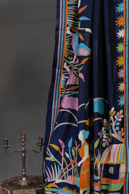 Bolpur – Hand-Stitched Navy Blue Mother-Child Nakshi Kantha Saree