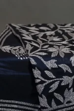 Bolpur – Hand-Stitched Dark Blue Leafy Vine Nakshi Kantha Saree - Image 2