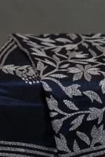 Bolpur – Hand-Stitched Dark Blue Leafy Vine Nakshi Kantha Saree - Image 2