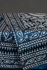 Bolpur – Hand-Stitched Peacock Blue Alpona Nakshi Kantha Saree - Image 2