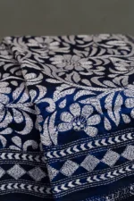 Bolpur – Hand-Stitched Indigo Blue Floral Nakshi Kantha Saree - Image 2
