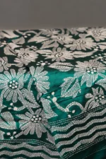 Bolpur – Hand-Stitched Sea Green White Floral Nakshi Kantha Saree - Image 3