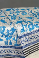 Bolpur – Hand-Stitched Beige Blue Floral Motif Nakshi Kantha Saree - Image 2