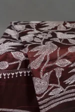 Bolpur – Hand-Stitched Maroon Bird Motif Nakshi Kantha Saree - Image 2