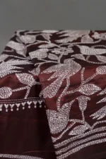 Bolpur – Hand-Stitched Maroon Bird Motif Nakshi Kantha Saree - Image 2