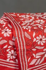 Bolpur – Hand-Stitched Orange Red Leafy Floral Nakshi Kantha Saree - Image 2