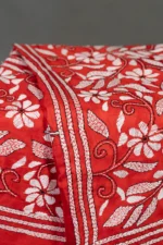 Bolpur – Hand-Stitched Orange Red Leafy Floral Nakshi Kantha Saree - Image 2