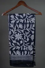 Bolpur – Hand-Stitched Dark Blue Leafy Vine Nakshi Kantha Saree - Image 4