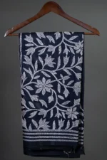 Bolpur – Hand-Stitched Dark Blue Leafy Vine Nakshi Kantha Saree - Image 4