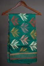 Bolpur – Hand-Stitched Green Maple Leaf Motif Nakshi Kantha Saree - Image 5