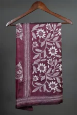 Bolpur – Hand-Stitched Reddish Brown Leafy Floral Nakshi Kantha Saree - Image 4