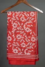 Bolpur – Hand-Stitched Orange Red Leafy Floral Nakshi Kantha Saree - Image 4