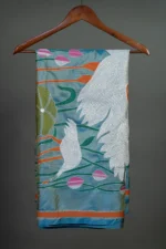 Bolpur – Hand-Stitched Green Swan Motif Nakshi Kantha Saree - Image 2