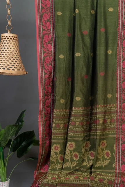 Phulia – Leafy Green Modern Floral Design Pure Cotton Handloom Saree