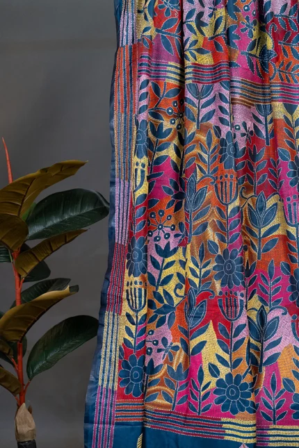 Bolpur – Hand-Stitched Dark Blue Floral Reverse Kantha Saree