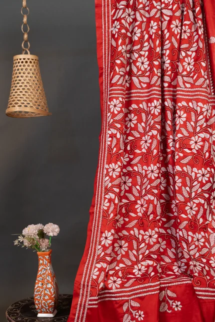 Bolpur – Hand-Stitched Orange Red Leafy Floral Nakshi Kantha Saree