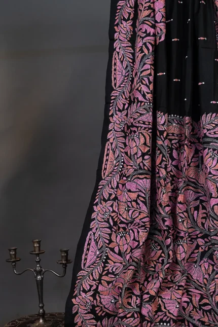 Bolpur – Hand-Stitched Black Pink Floral Nakshi Kantha Saree