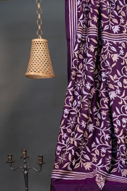 Bolpur – Hand-Stitched Purple Leafy Motif Nakshi Kantha Saree
