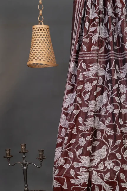 Bolpur – Hand-Stitched Maroon Bird Motif Nakshi Kantha Saree