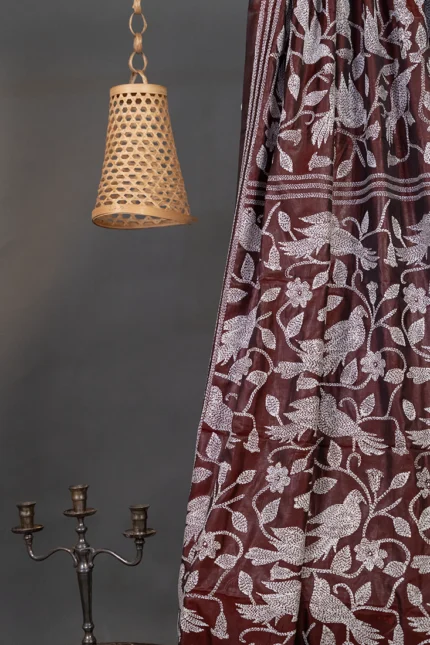 Bolpur – Hand-Stitched Maroon Bird Motif Nakshi Kantha Saree