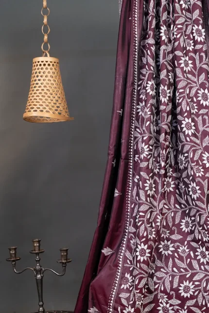 Bolpur – Hand-Stitched Reddish Brown Leafy Floral Nakshi Kantha Saree