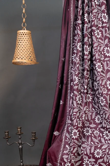 Bolpur – Hand-Stitched Reddish Brown Leafy Floral Nakshi Kantha Saree