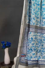 Bolpur – Hand-Stitched Beige Blue Floral Motif Nakshi Kantha Saree